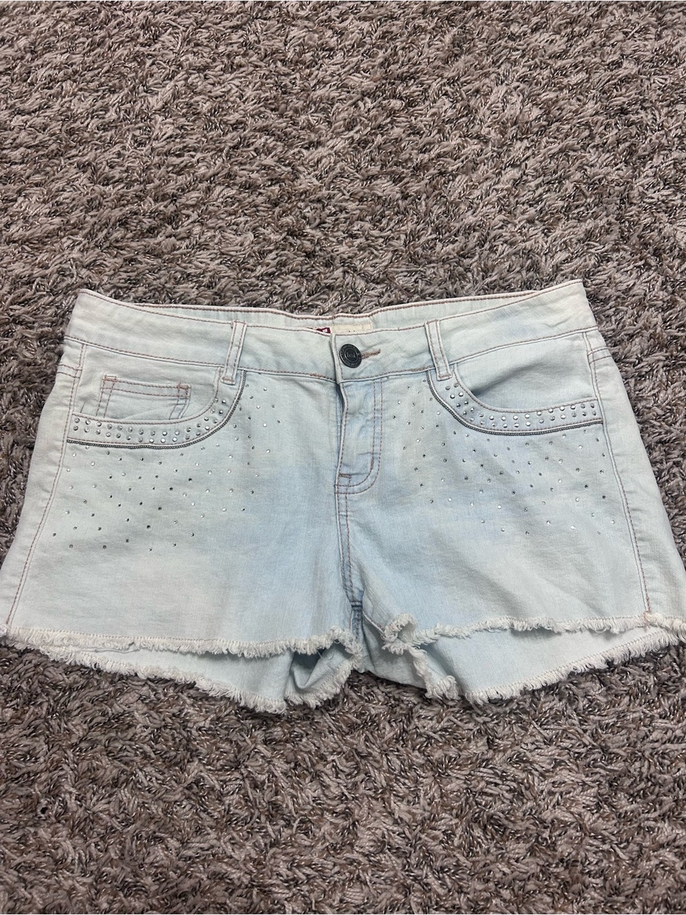 lei Lowrise Light Blue Frayed Hem Denim Shorts with Stud Accents